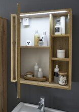GREECE Spiegelschrank Bad mit LED-Beleuchtung in Wotan Eiche Optik - Badezimmerspiegel Schrank mit viel Stauraum - 60 x 70 x 20 cm (B/H/T)