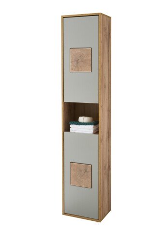 GREECE Badezimmer Hochschrank in Basalt, Wotan Eiche Optik mit Hirnholz-Applikationen - Badezimmerschrank Bad Schrank mit viel Stauraum - 40 x 190 x 30 cm (B/H/T)