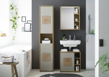 GREECE Badezimmer Hochschrank in Basalt, Wotan Eiche Optik mit Hirnholz-Applikationen - Badezimmerschrank Bad Schrank mit viel Stauraum - 40 x 190 x 30 cm (B/H/T)