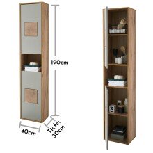 GREECE Badezimmer Hochschrank in Basalt, Wotan Eiche Optik mit Hirnholz-Applikationen - Badezimmerschrank Bad Schrank mit viel Stauraum - 40 x 190 x 30 cm (B/H/T)