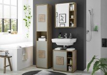 GREECE Badezimmer Hochschrank in Basalt, Wotan Eiche Optik mit Hirnholz-Applikationen - Badezimmerschrank Bad Schrank mit viel Stauraum - 40 x 190 x 30 cm (B/H/T)