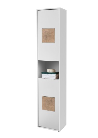 GREECE Badezimmer Hochschrank in Weiß mit Hirnholz-Applikationen - Badezimmerschrank Bad Schrank mit viel Stauraum - 40 x 190 x 30 cm (B/H/T)