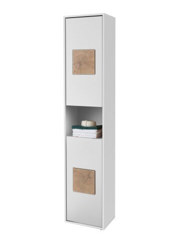 GREECE Badezimmer Hochschrank in Weiß mit Hirnholz-Applikationen - Badezimmerschrank Bad Schrank mit viel Stauraum - 40 x 190 x 30 cm (B/H/T)
