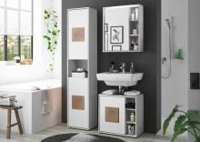GREECE Badezimmer Hochschrank in Weiß mit Hirnholz-Applikationen - Badezimmerschrank Bad Schrank mit viel Stauraum - 40 x 190 x 30 cm (B/H/T)