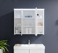 FOUR Spiegelschrank Bad mit LED-Beleuchtung in Weiß - Badezimmerspiegel Schrank mit viel Stauraum - 80 x 68 x 23 cm (B/H/T)