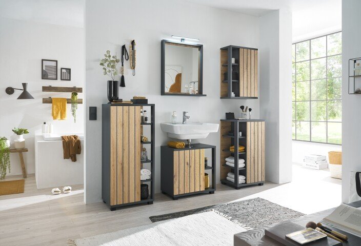 NIZZA Badezimmermöbel Set in Graphit, Artisan Eiche Optik - Modernes Badmöbel Set 5-teilig bestehend aus 2 Kommoden, Hängeschrank, Unterschrank & Spiegel - 220 x 200 x 37 cm (B/H/T)