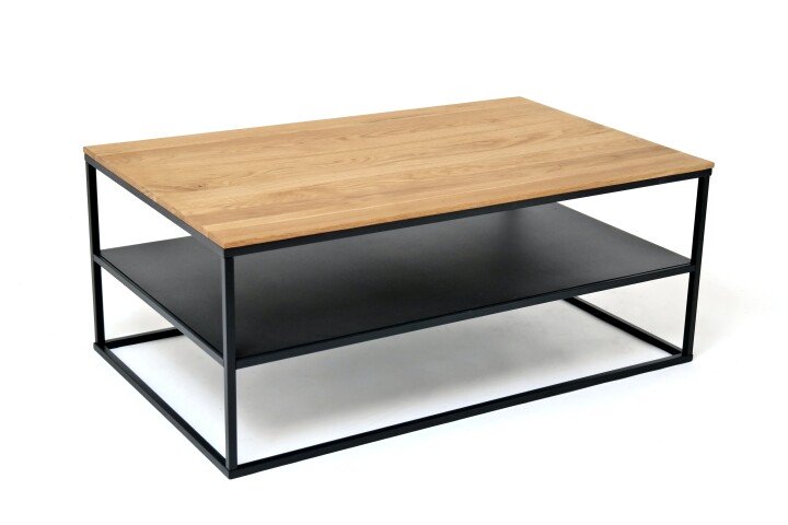 Couchtisch >2142< in Wildeiche Massiv, Gestell Metall schwarz - 95x40x55 (BxHxT)