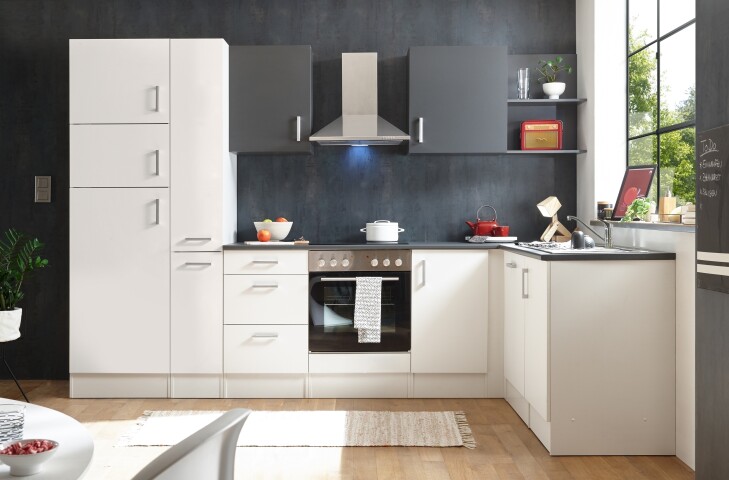 CORNER 310 Moderne Eckküche ohne Elektrogeräte in Weiß, Anthrazit