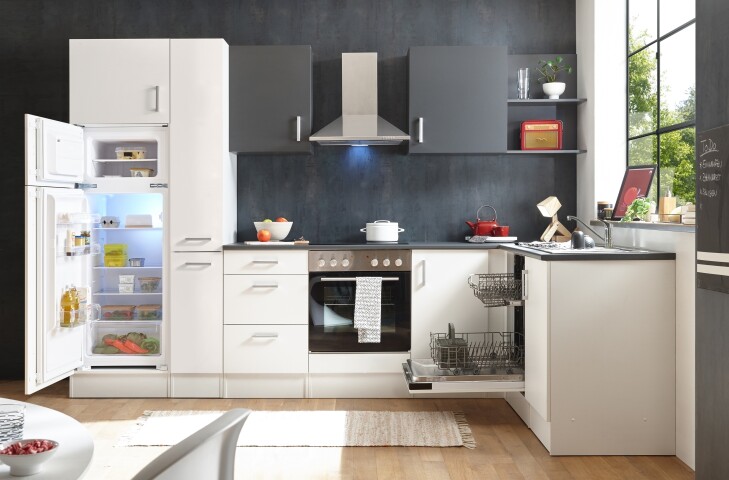CORNER 310 Moderne Eckküche ohne Elektrogeräte in Weiß, Anthrazit