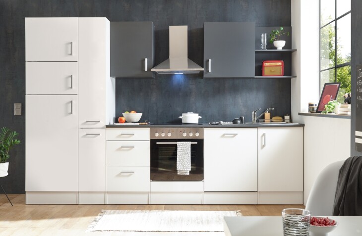 CORNER 310 Moderne Küchenzeile ohne Elektrogeräte in Weiß, Anthrazit - Geräumige Einbauküche mit viel Platz und Stauraum - 310 x 211 x 60 cm (B/H/T)