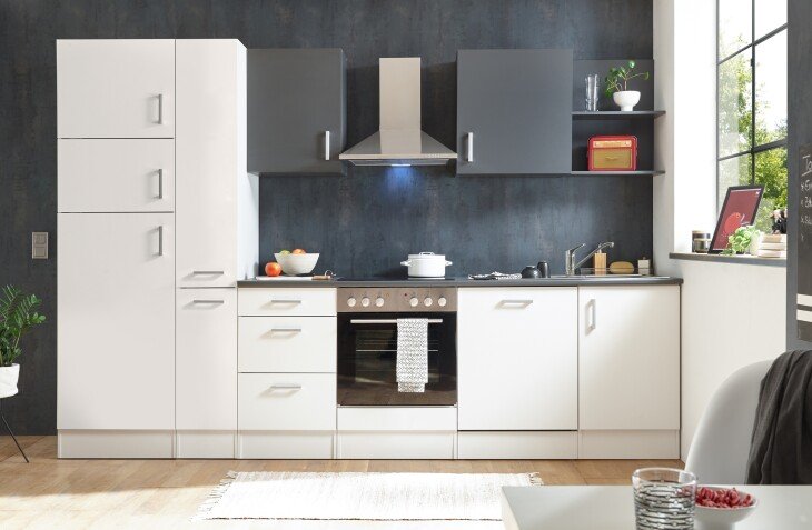 CORNER 310 Moderne Küchenzeile ohne Elektrogeräte in Weiß, Anthrazit - Geräumige Einbauküche mit viel Platz und Stauraum - 310 x 211 x 60 cm (B/H/T)