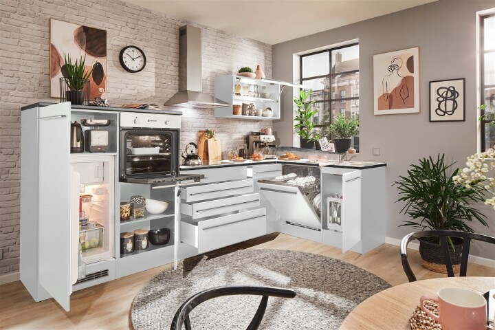 JAZZ 4 Moderne L- Küchenzeile ohne Elektrogeräte in Weiß Hochglanz, G, 1.419,95 €