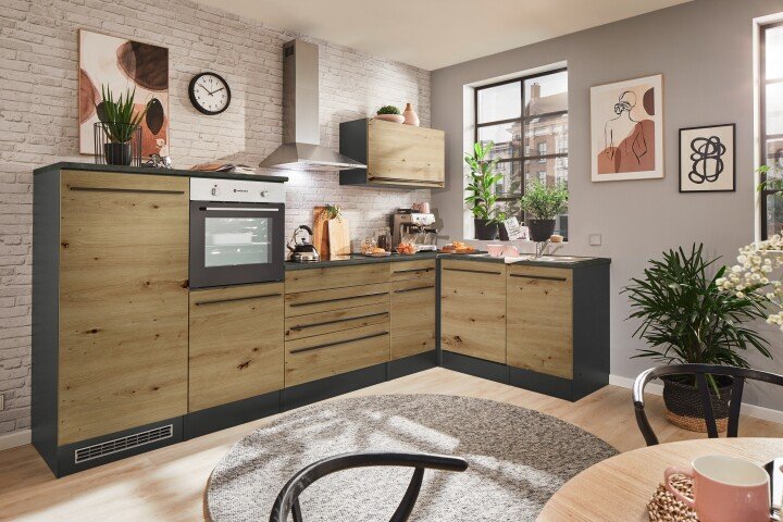 JAZZ 4 Moderne L- Küchenzeile ohne Elektrogeräte in Anthrazit, Artisan Eiche Optik - Geräumige Einbauküche mit viel Stauraum - 320 x 200 x 60 cm (B/H/T)