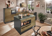 JAZZ Moderne Kücheninsel mit Arbeitsplatte freistehend in Artisan Eiche Optik, Anthrazit - Geräumige Kochinsel mit viel Stauraum - 145 x 90 x 90 cm (B/H/T)