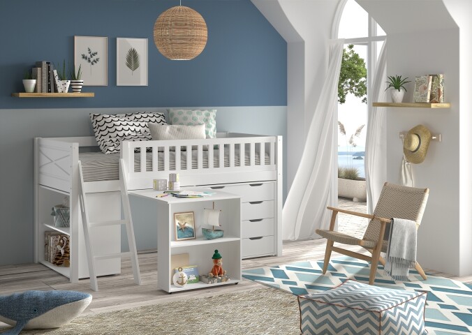 Spielbett >SCOTT< in Bett Kiefer, Beimöbel MDF weiß lackiert, Kiefer und MDF