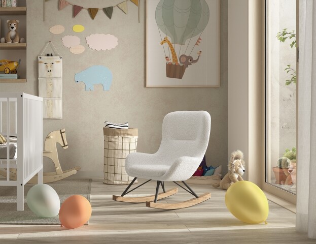 Schaukelstuhl >ROCKY< in Bouclé Creme-Weiß, Stoff und Holz - 55x69x65cm (BxHxT)