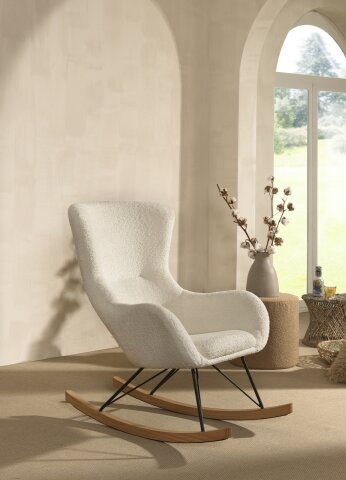 Schaukelstuhl >ROCKY< in Bouclé Creme-Weiß, Stoff und Holz - 76x101x110 (BxHxT)