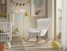 Schaukelstuhl >ROCKY< in Bouclé Creme-Weiß, Stoff und Holz - 76x101x110 (BxHxT)