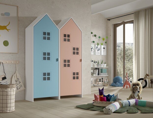Kleiderschrank >CASAMI BRUGES< in Korpus Weiß / Front Blau u. Pink, falsch