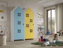 Kleiderschrank >CASAMI BRUGES< in Korpus Weiß / Front Blau u. Gelb, MDF