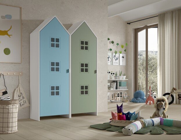 Kleiderschrank >CASAMI BRUGES< in Korpus Weiß / Front Blau u. Grün, MDF