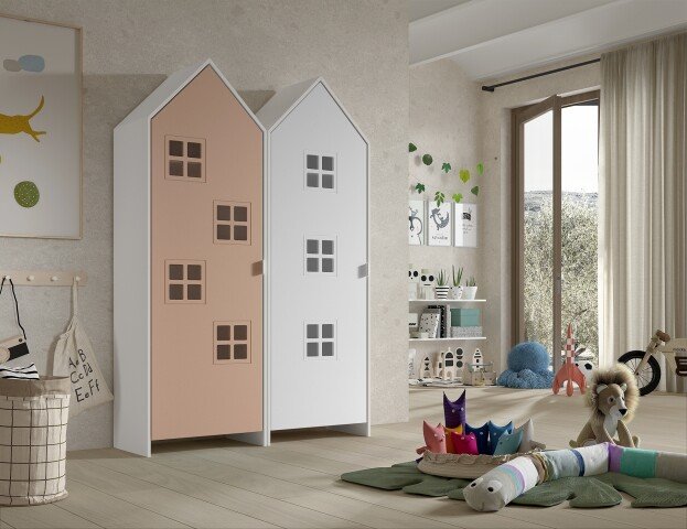 Kleiderschrank >CASAMI BRUGES< in Korpus Weiß / Front Pink u. Weiß, MDF