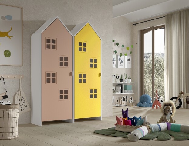 Kleiderschrank >CASAMI BRUGES< in Korpus Weiß / Front Pink u. Gelb, MDF