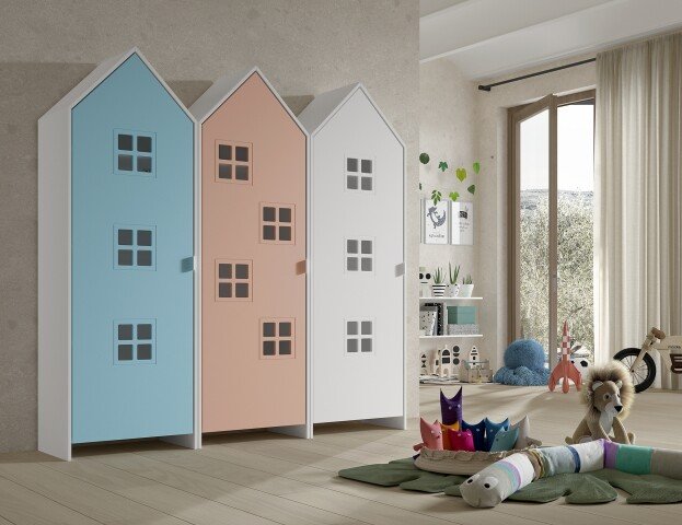 Kleiderschrank >CASAMI BRUGES< in Korpus Weiß / Front Blau, Pink u. Weiß, MDF