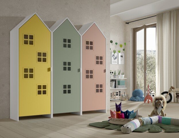 Kleiderschrank >CASAMI BRUGES< in Korpus Weiß / Front Gelb, Pink u. Grün, MDF