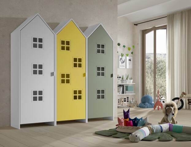 Kleiderschrank >CASAMI BRUGES< in Korpus Weiß / Front Gelb, Weiß u. Grün, MDF