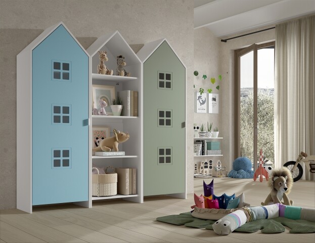 Kleiderschrank >CASAMI BRUGES< in Korpus Weiß / Front Blau u. Grün, MDF