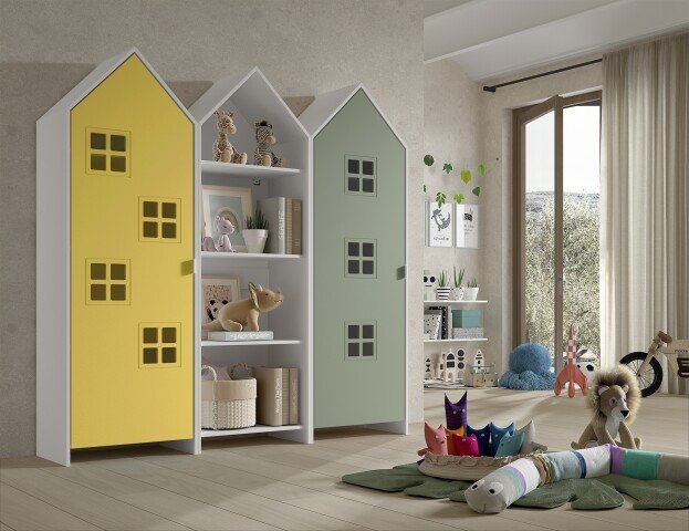Kleiderschrank >CASAMI BRUGES< in Korpus Weiß / Front Gelb u. Grün, MDF