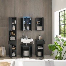 Badezimmer-Set "Spice" schwarz matt (5tlg.) mit Hochschrank, Waschbeckenunterschrank, Spiegelschrank, Kommode und Hängeschrank - 170 x 191 x 32 cm (B/H/T)
