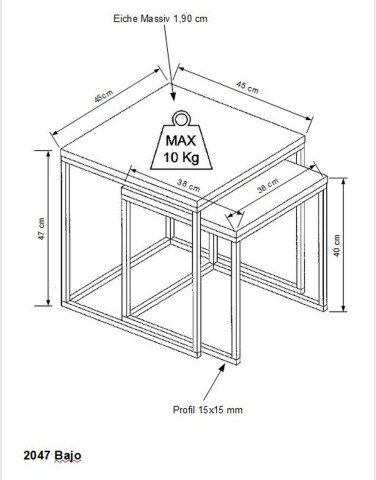 Couchtisch >2047< in Eiche, Gestell Metall - 45x47x45cm (BxHxT)