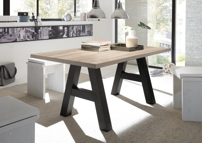 Esstisch >Big System< in schwarzstahl / eiche sägerau - 180x75x90cm (BxHxT)