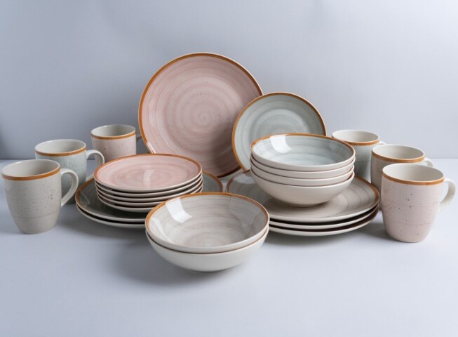 Geschirr-Set >Tunis< (24-tlg.) in hellgrau, dunkelgrau und rose - 26,4 (D)