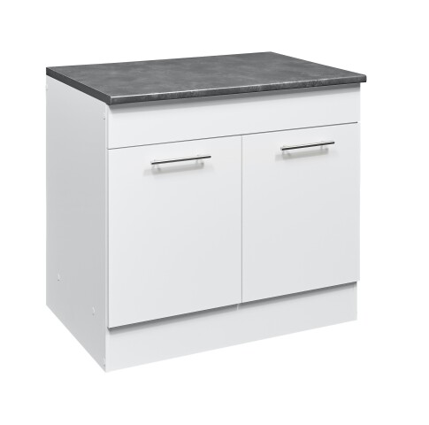 EDDY Moderner Spülenunterschrank Küche in Weiß matt, Metallic Grau - Geräumiger Küchenschrank mit viel Stauraum - 100 x 90 x 60 cm (B/H/T)