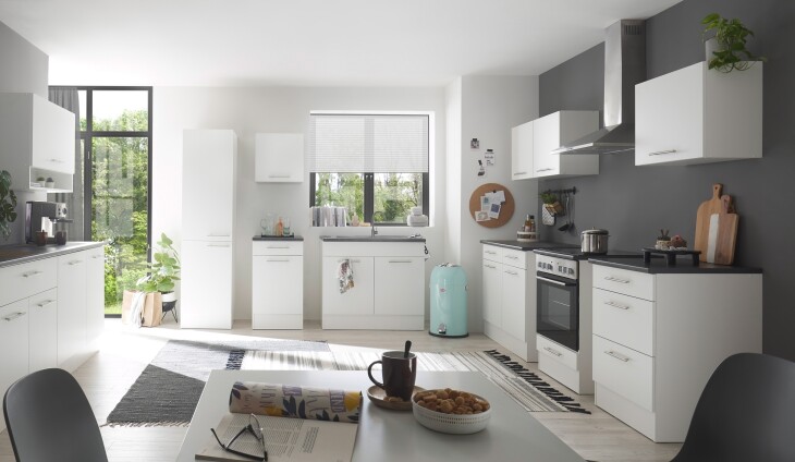 EDDY Moderner Küchenunterschrank in Weiß matt, Metallic Grau