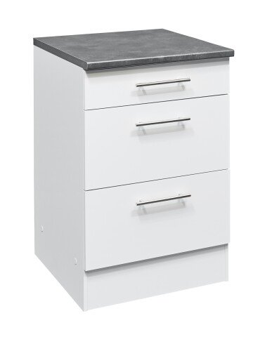 EDDY Moderner Schubladenschrank Küche in Weiß matt, Metallic Grau - Geräumiger Küchenunterschrank mit viel Stauraum - 60 x 90 x 60 cm (B/H/T)