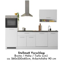 EDDY Moderne Küchenzeile ohne Elektrogeräte in Weiß matt, Metallic Grau - Geräumige Einbauküche mit viel Stauraum - 260 x 220 x 60 cm (B/H/T)