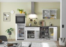 EDDY Moderne Küchenzeile ohne Elektrogeräte in Weiß matt, Metallic Grau - Geräumige Einbauküche mit viel Stauraum - 260 x 220 x 60 cm (B/H/T)