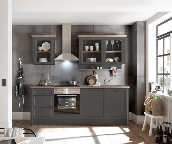 JASMIN Moderne Küchenzeile ohne Elektrogeräte in Graphit, Artisan Eiche Optik - Geräumige Einbauküche im Landhausstil - 235 x 216,5 x 60 cm (B/H/T)