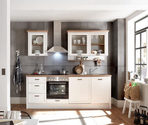 JASMIN Moderne Küchenzeile ohne Elektrogeräte in Pinie hell, Artisan Eiche Optik - Geräumige Einbauküche im Landhausstil - 235 x 216,5 x 60 cm (B/H/T)