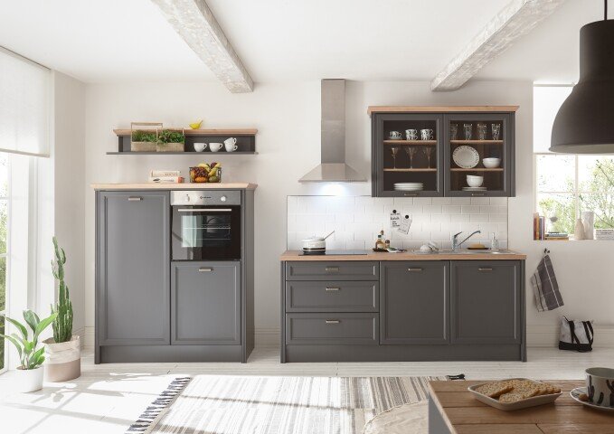 JASMIN Moderne Küchenzeile ohne Elektrogeräte in Graphit, Artisan Eiche Optik - Geräumige Einbauküche im Landhausstil - 344 x 228 x 60 cm (B/H/T)