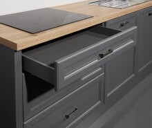 JASMIN Moderne Küchenzeile ohne Elektrogeräte in Graphit, Artisan Eiche Optik - Geräumige Einbauküche im Landhausstil - 344 x 228 x 60 cm (B/H/T)