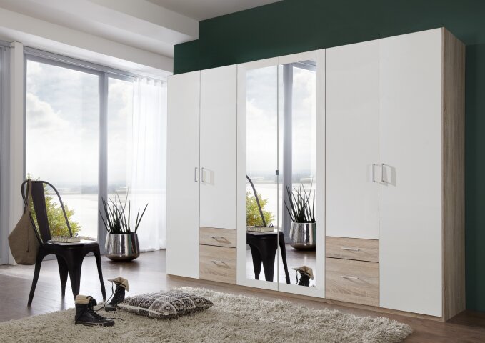 Drehtürenschrank >Freiburg< in EICHE SAEGERAU NACHBILDUNG + WEISS