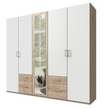 Drehtürenschrank >Freiburg< in WEISS + HICKORY OAK NB - 225x208x58cm (BxHxT)