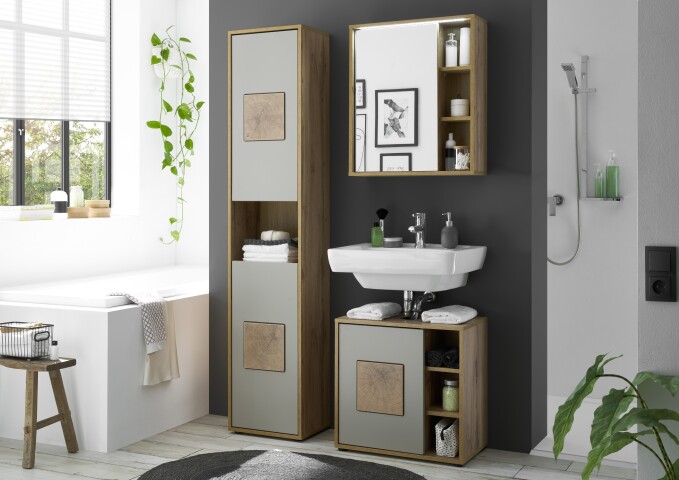 Badezimmer-Set "Greece" (3tlg.) in Wildeiche-Optik mit Absetzung Basalt / Hirnholz Tiefziehfront. 120 x 190 x 35 cm (B/H/T)