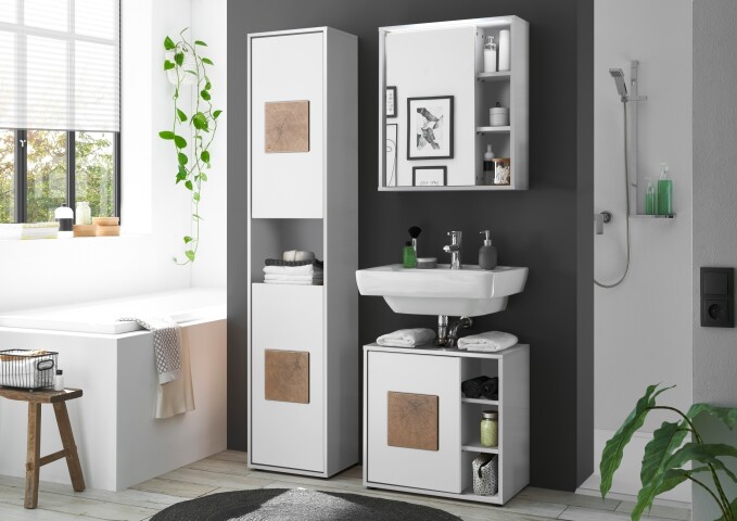 Badezimmer-Set "Greece" (3tlg.) in Weiß mit Hirnholz-Applikationen. 120 x 190 x 35 cm (B/H/T)