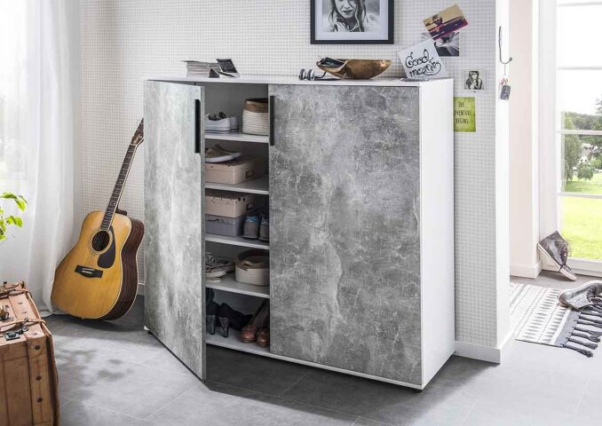 Schuhkommode >8343-11.25< in Weiß/Beton, Holzwerkstoff - 120x120x38cm (BxHxT)